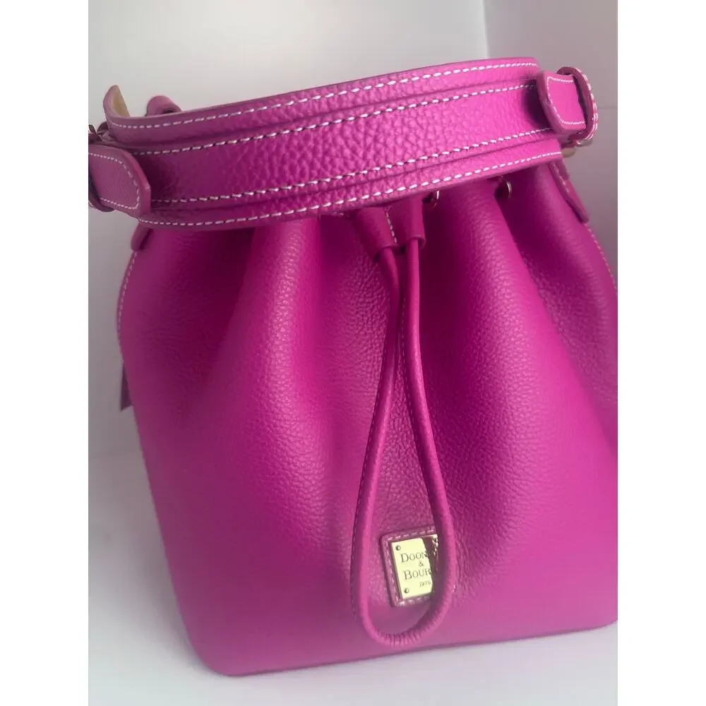 Dooney & Bourke Lucca Pebble Leather Drawstring Shoulder Bucket Bag Fuchsia NWT